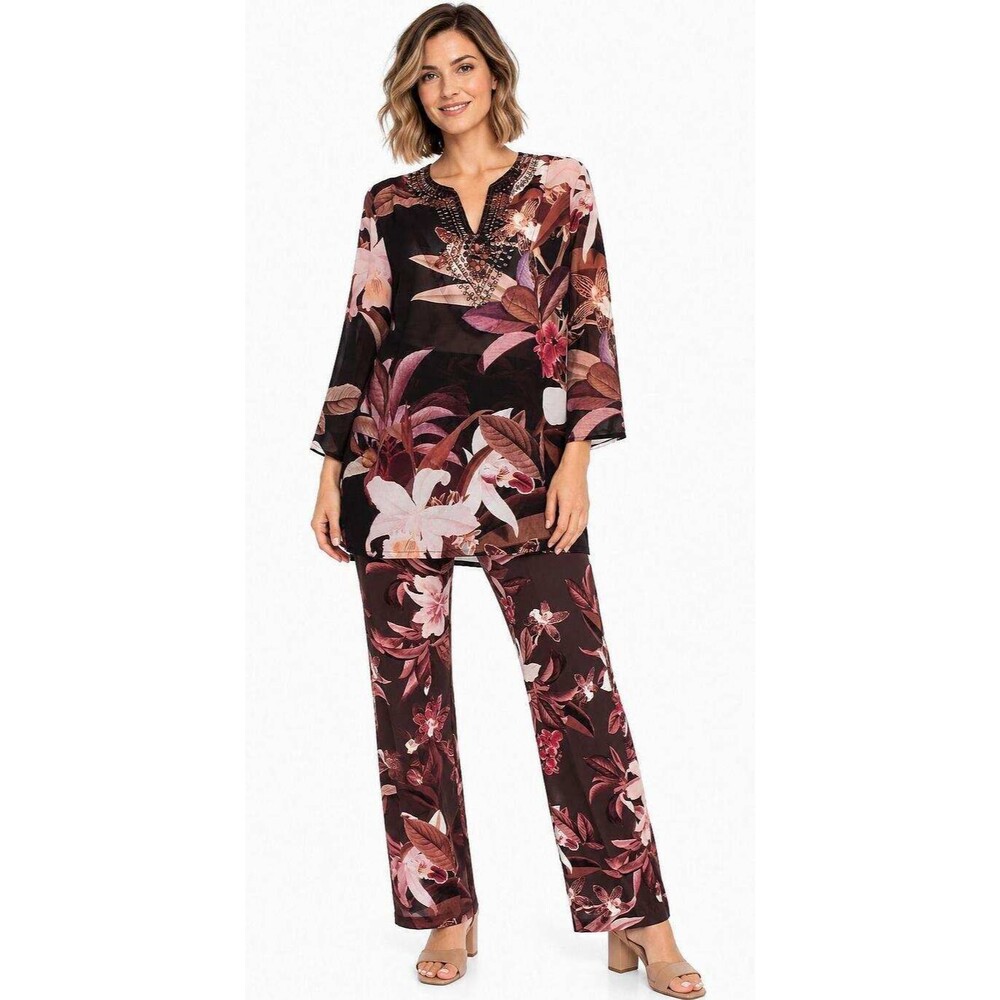 Chico's Size 1 M 10 Floral Tunic Pants Set 2 Piece Brown Burgundy Embellished